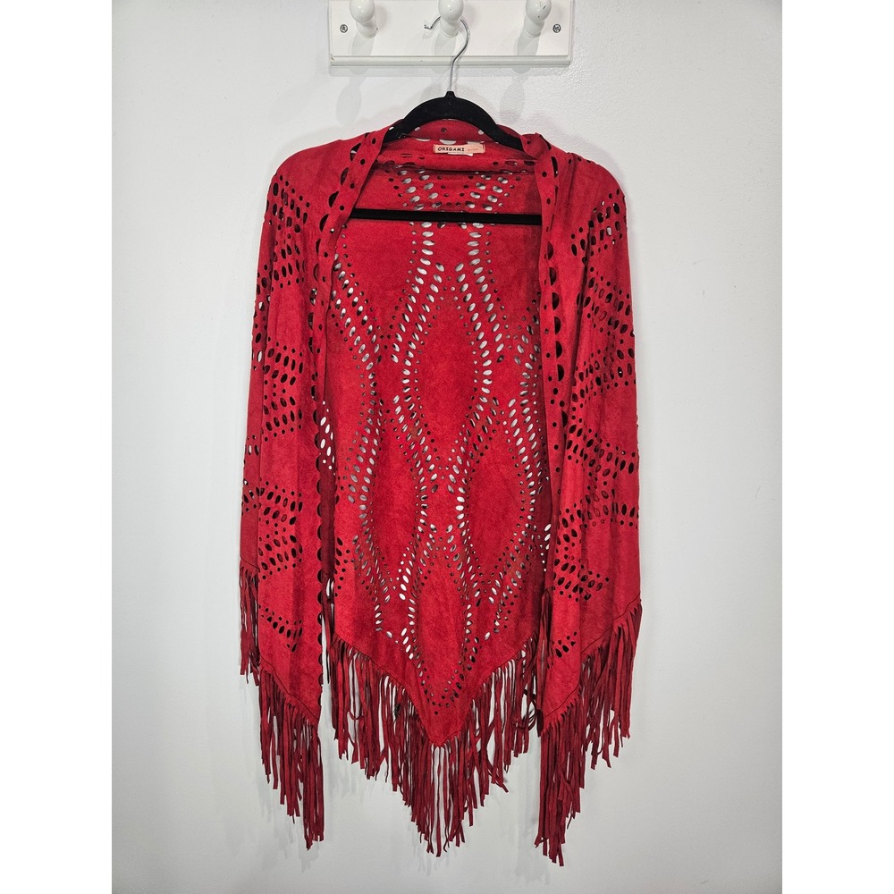 Origami by Vivien Red Faux Suede Laser Cut Fringe Shawl Wrap Boho One Size